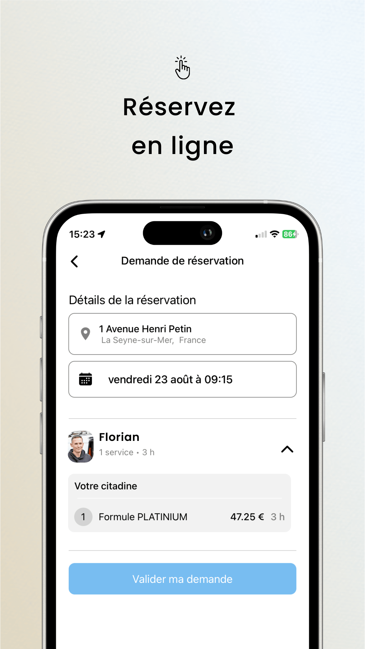 Réservez en ligne, avec un schéma de réservation d'un service de lavage automobile.