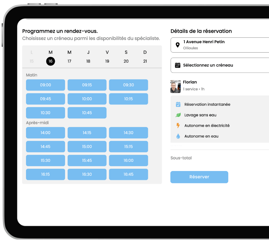 Image de l'interface de réservation en ligne via le profil Octav