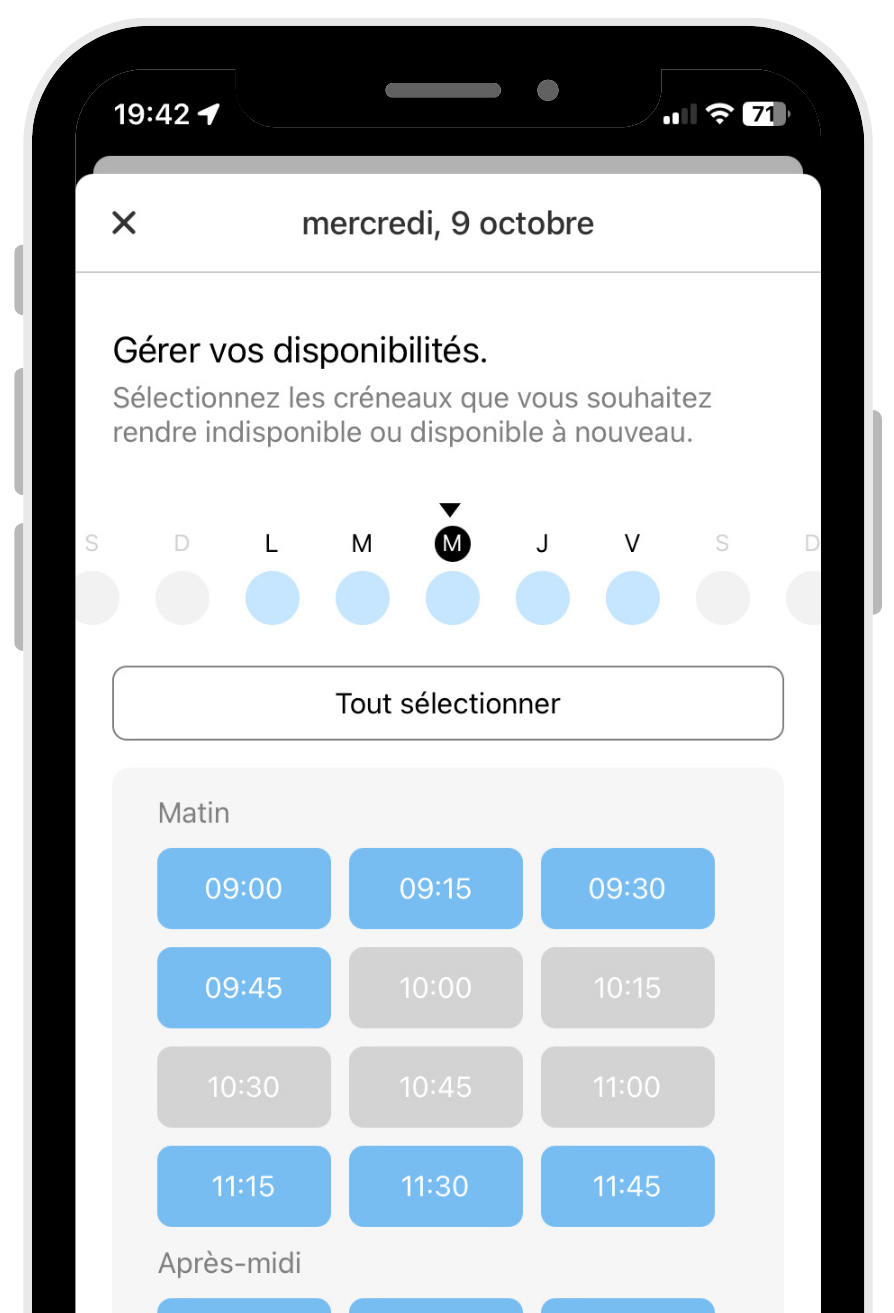 Interface de gestion des disponibilités avec options pour bloquer des créneaux horaires